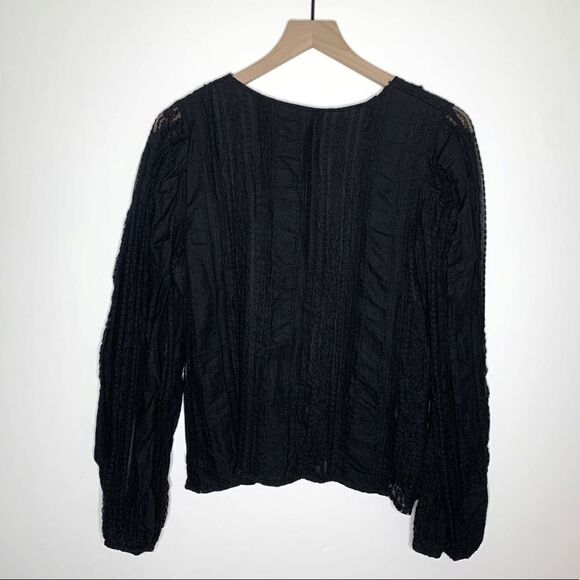 Vintage Button Front Lace Long Sleeve Top Black Size S Square Neck - Picture 4 of 5